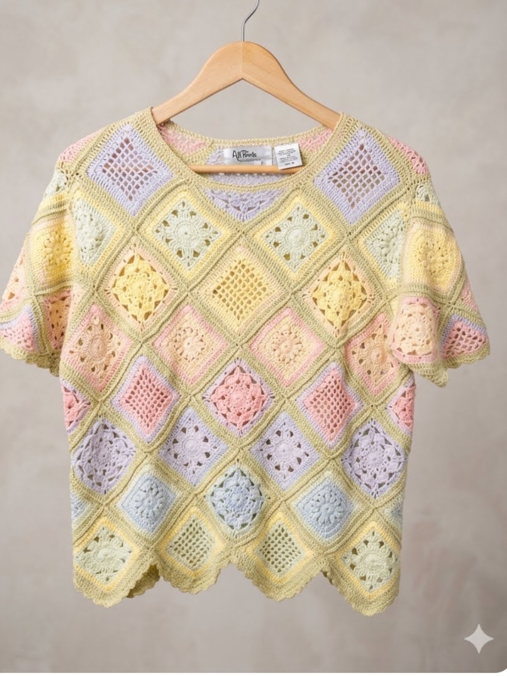 All Points Vintage (90s) Pastel Crochet Short Sleeve Top - Multi Pastel, Medium